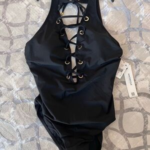 Gold and Black One Piece Swimsuit with Lace-Up Detail